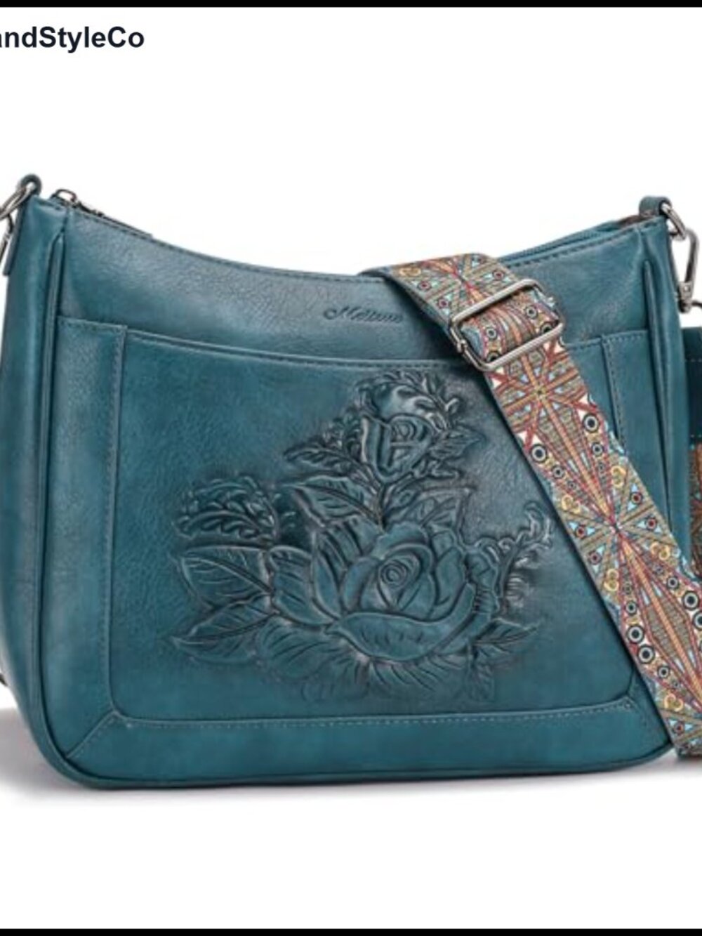 Rose Embossed Vegan Leather Crossbody Hobo Bag with Strap